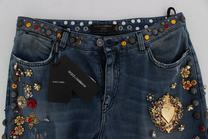Jeans Dolce & Gabbana ornés de cristaux et de roses en forme de cœur
