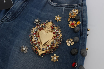 Jeans Dolce & Gabbana ornés de cristaux et de roses en forme de cœur