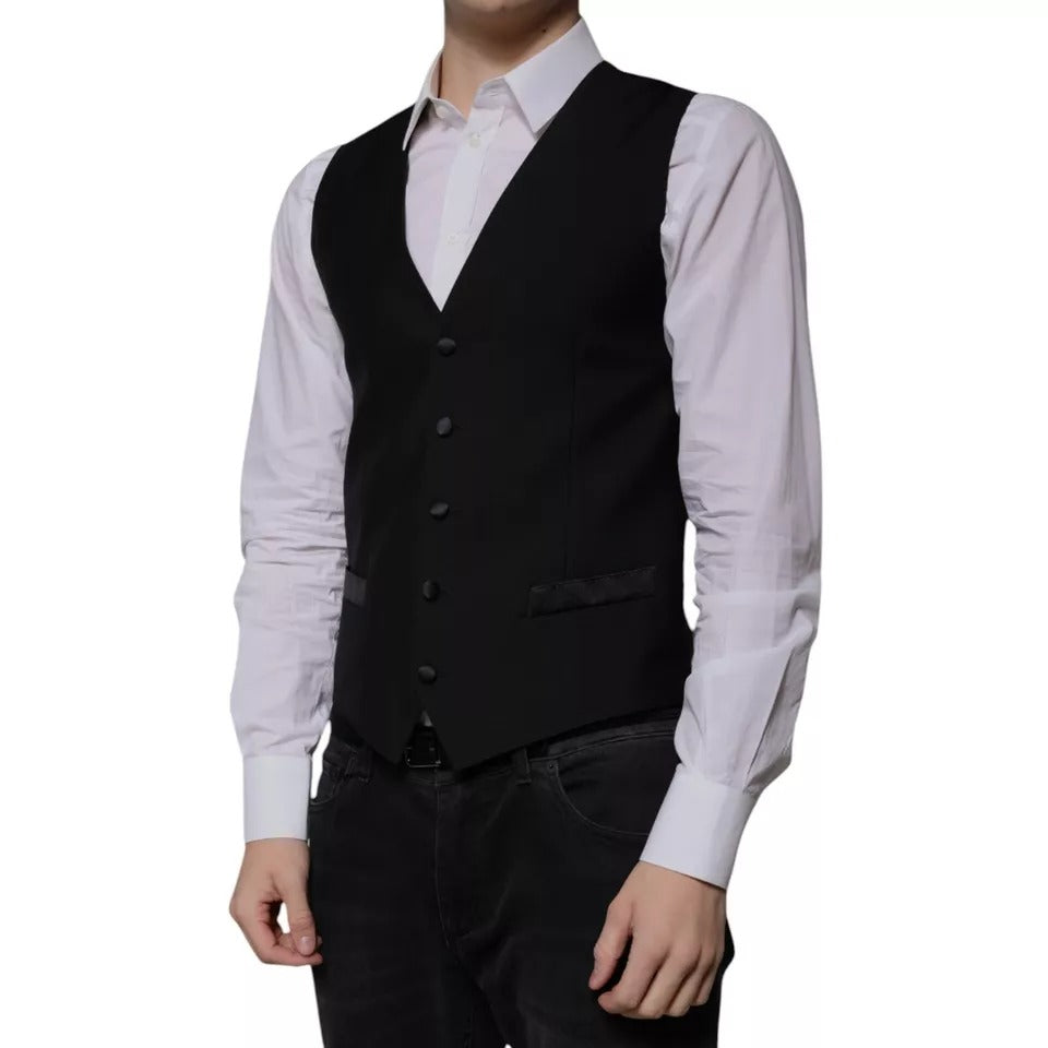 Dolce & Gabbana Black Wool Formal Dress Waistcoat Vest for Men