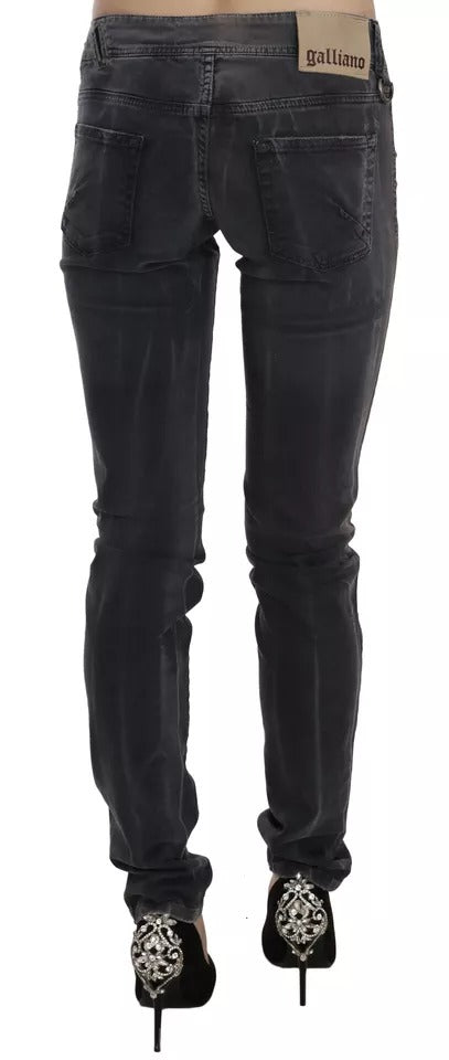 Jean Skinny John Galliano en Denim Grisé à Taille Basse avec Fermeture Éclair