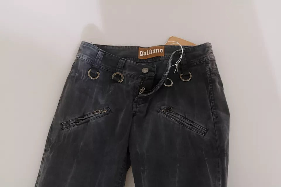 Jean Skinny John Galliano en Denim Grisé à Taille Basse avec Fermeture Éclair