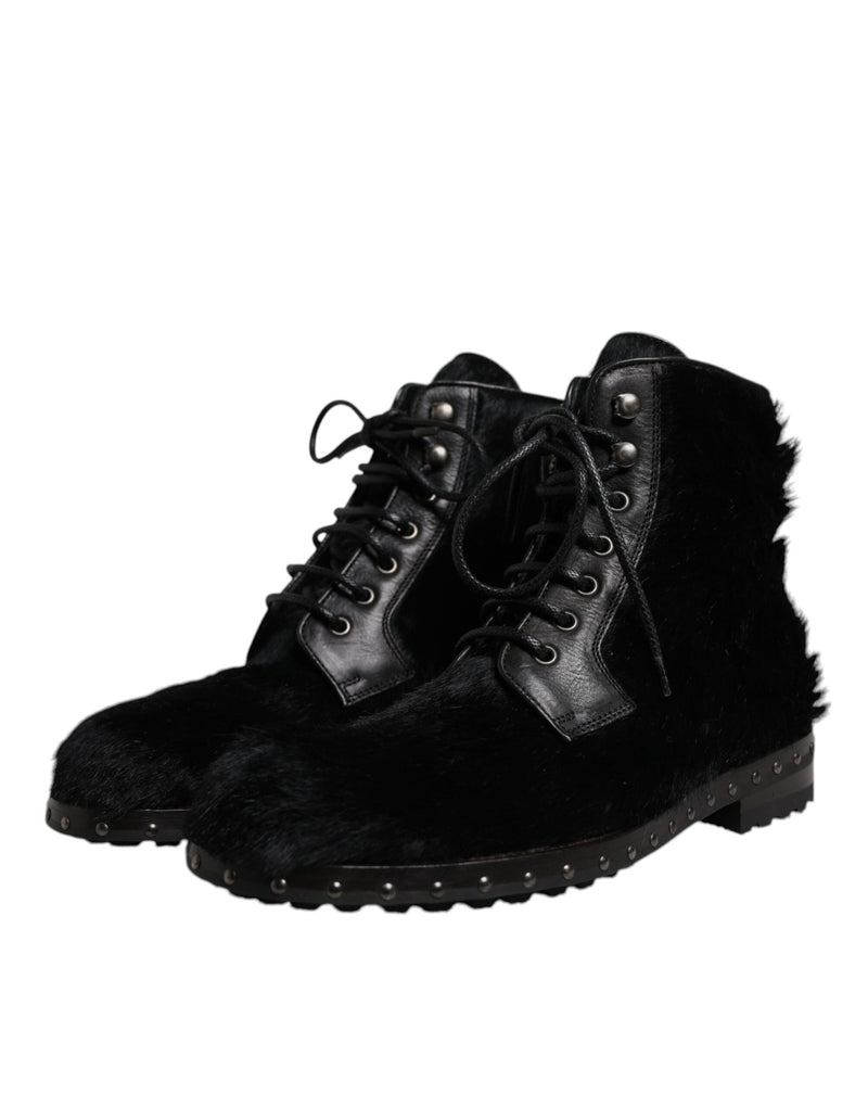 Dolce & Gabbana Black Pony Style Leather Mid Calf Boots