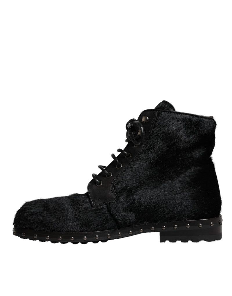 Dolce & Gabbana Black Pony Style Leather Mid Calf Boots