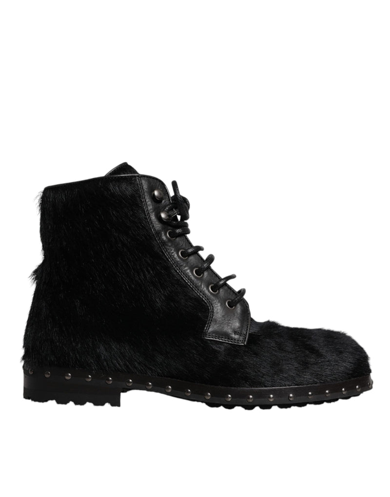 Dolce & Gabbana Black Pony Style Leather Mid Calf Boots