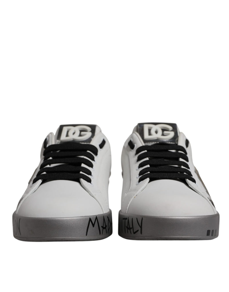 Dolce & Gabbana White Silver Crystal Logo Portofino Sneakers
