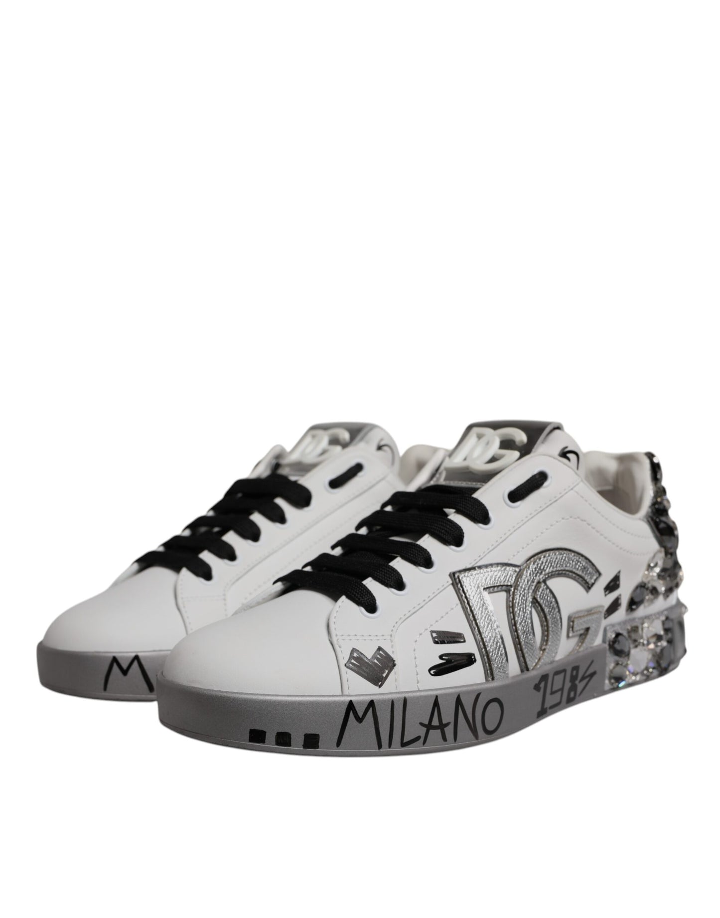 Dolce & Gabbana White Silver Crystal Logo Portofino Sneakers Shoes