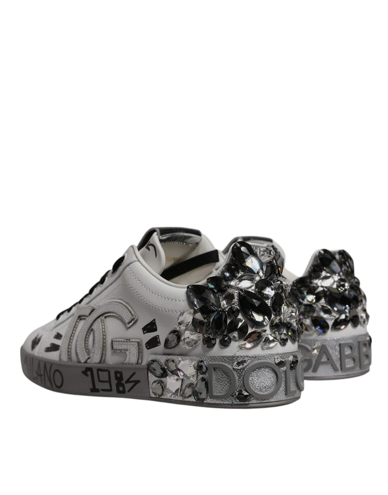 Dolce & Gabbana White Silver Crystal Logo Portofino Sneakers