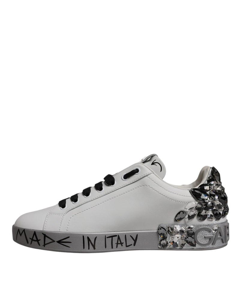 Dolce & Gabbana White Silver Crystal Logo Portofino Sneakers