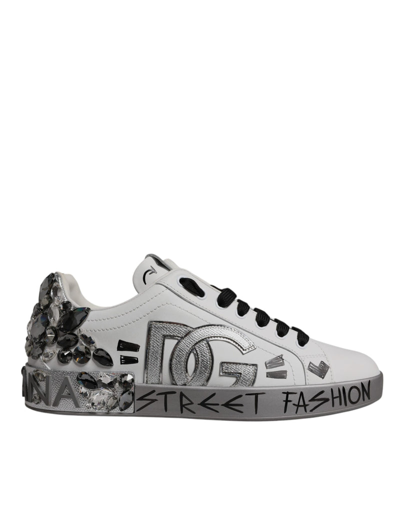 Dolce & Gabbana White Silver Crystal Logo Portofino Sneakers