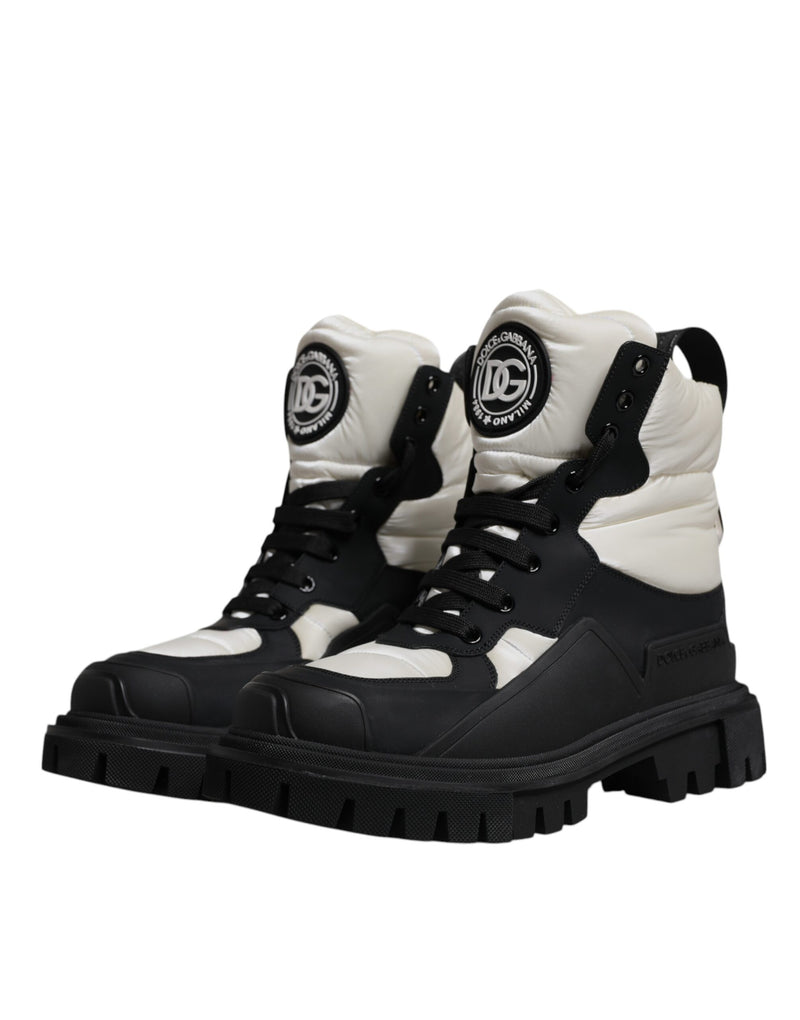Dolce & Gabbana Black White Padded Mid Calf Lace Up Boots