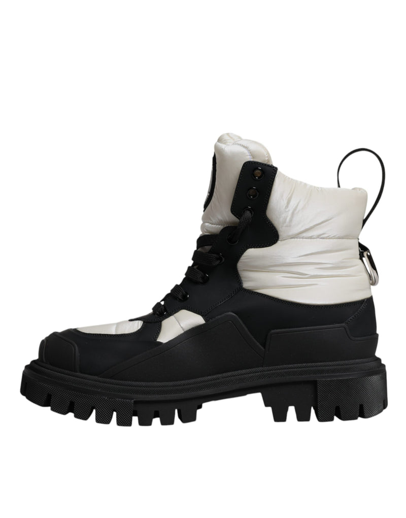 Dolce & Gabbana Black White Padded Mid Calf Lace Up Boots