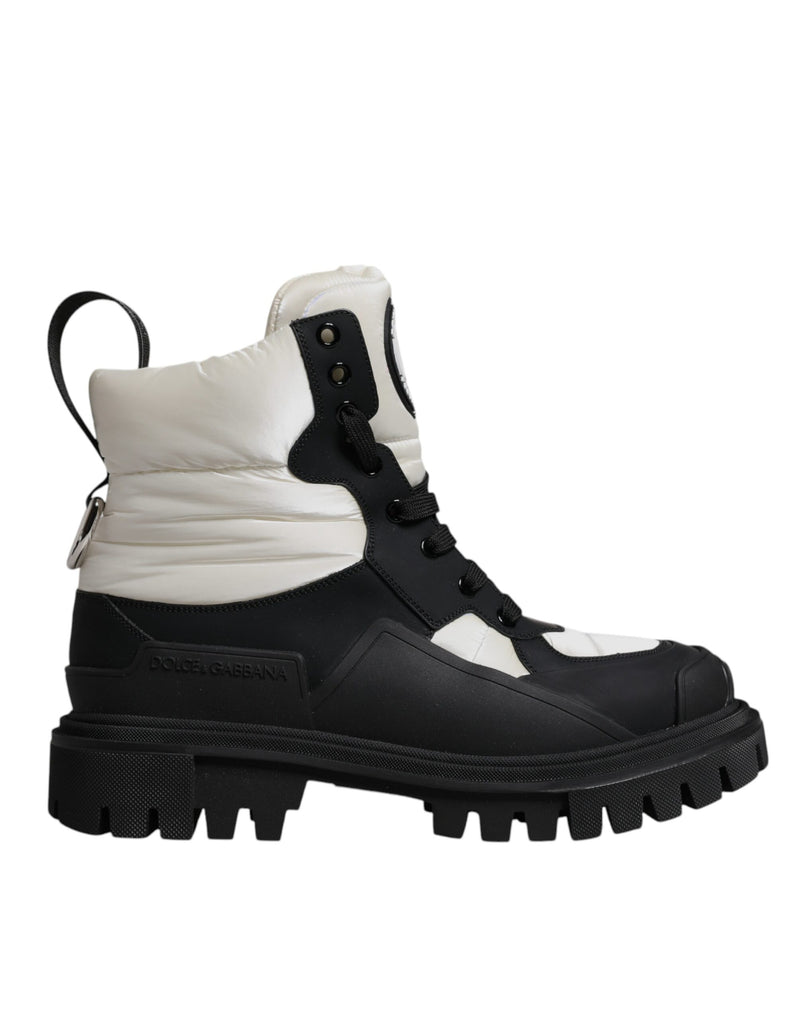 Dolce & Gabbana Black White Padded Mid Calf Lace Up Boots