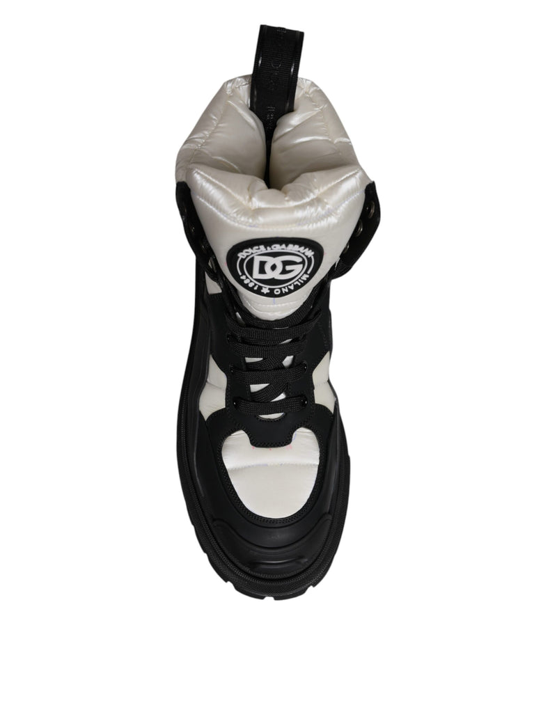 Dolce & Gabbana Black White Padded Mid Calf Lace Up Boots