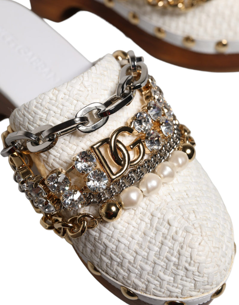 Dolce & Gabbana White Raffia Clogs Bejeweled Chain Sandals