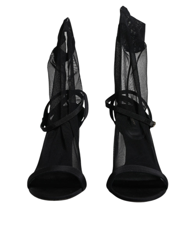 Dolce & Gabbana Black Tulle Stretch Heels Sandals