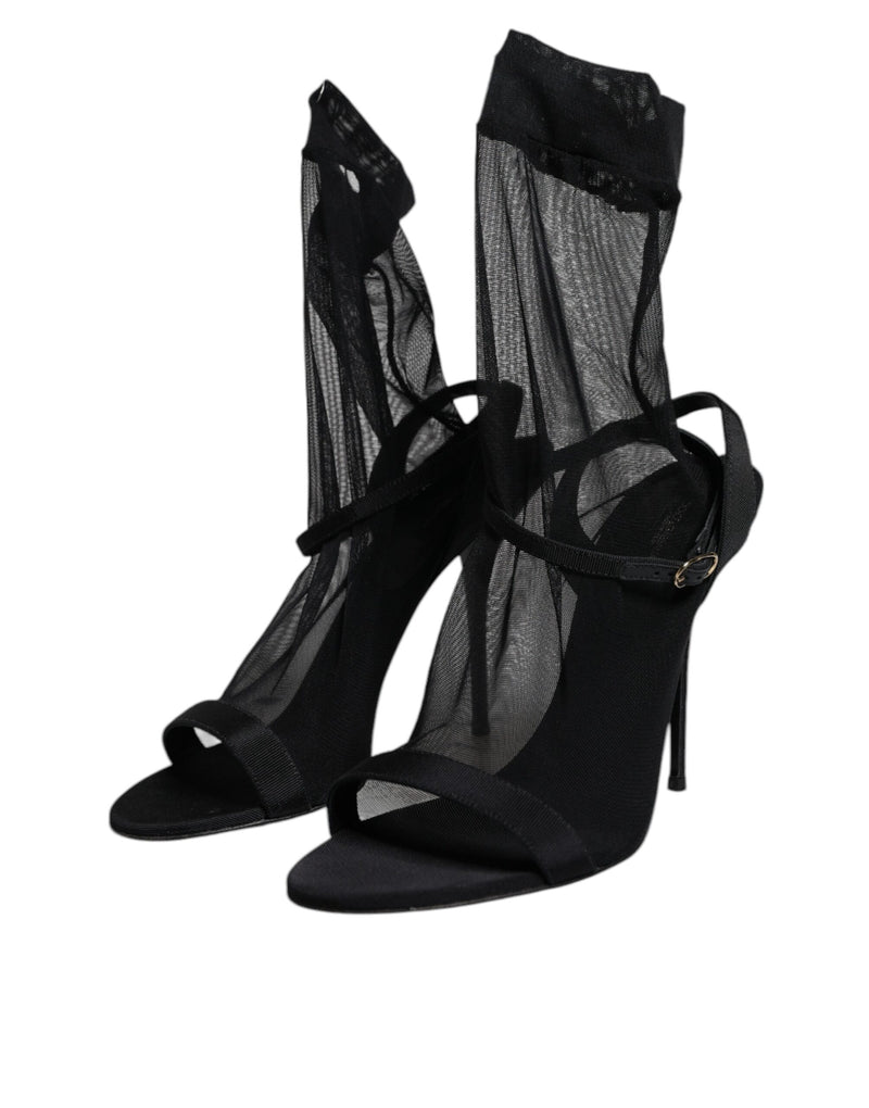 Dolce & Gabbana Black Tulle Stretch Heels Sandals