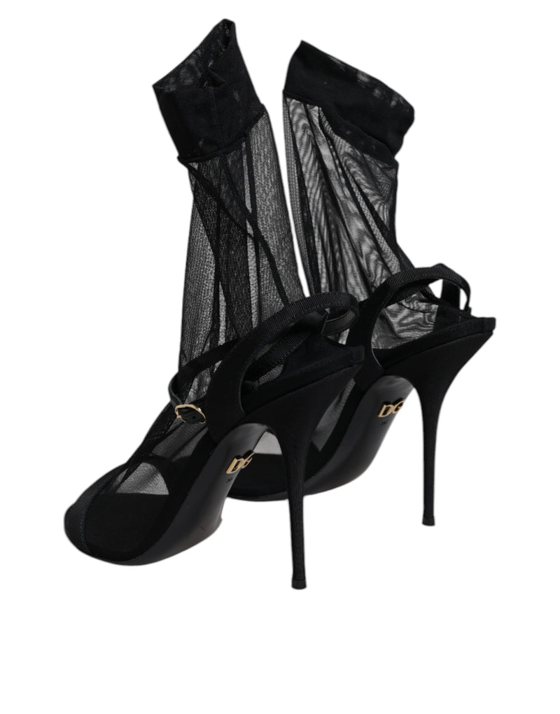 Dolce & Gabbana Black Tulle Stretch Heels Sandals