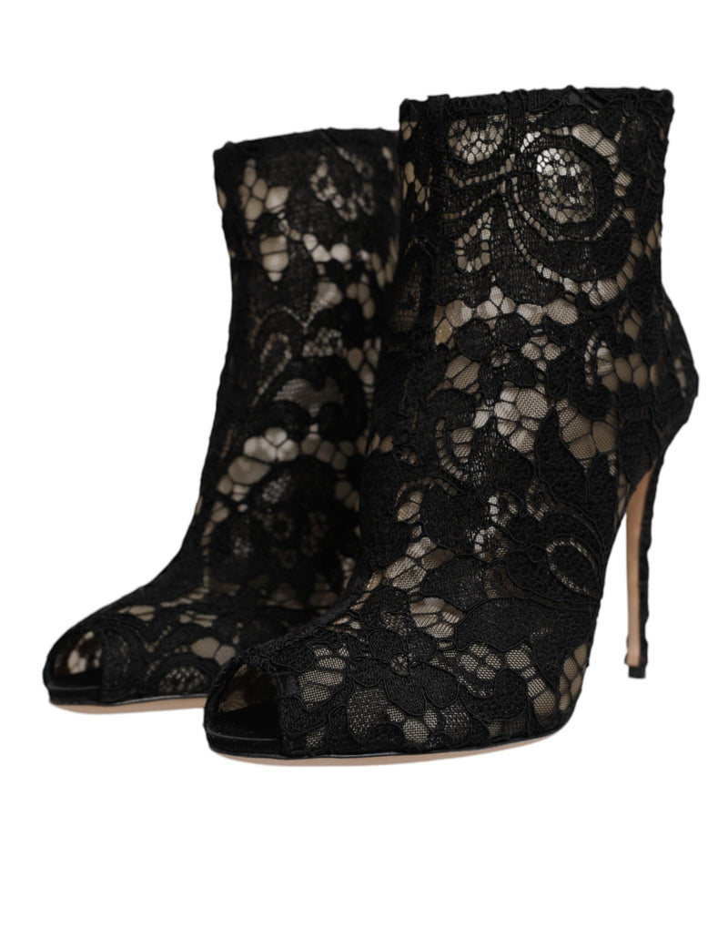 Dolce & Gabbana Black Floral Lace Heels Ankle Boots