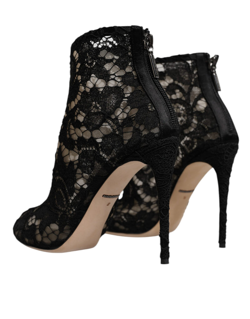 Dolce & Gabbana Black Floral Lace Heels Ankle Boots