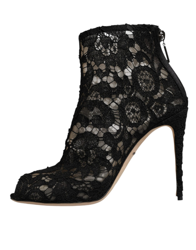 Dolce & Gabbana Black Floral Lace Heels Ankle Boots