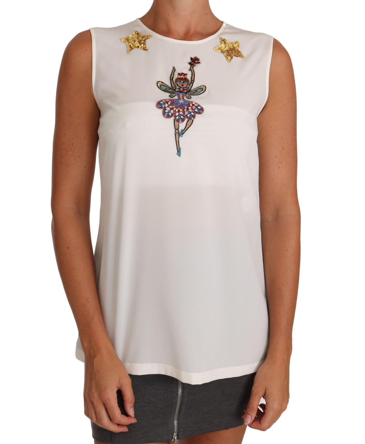 Top féerique en soie blanche orné de cristaux et de sequins Dolce &amp; Gabbana