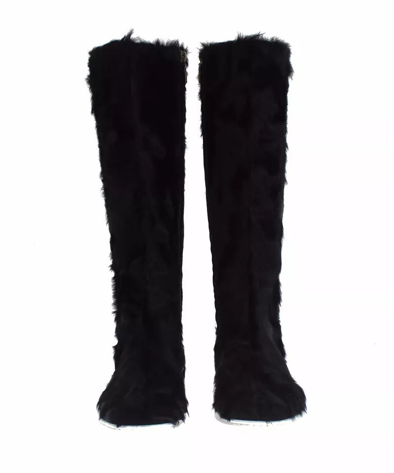 Dolce & Gabbana Black Xiangao Lamb Fur Leather Flat Boots