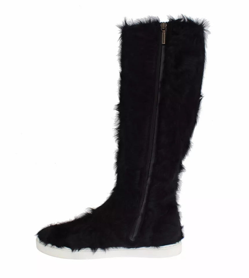 Dolce & Gabbana Black Xiangao Lamb Fur Leather Flat Boots