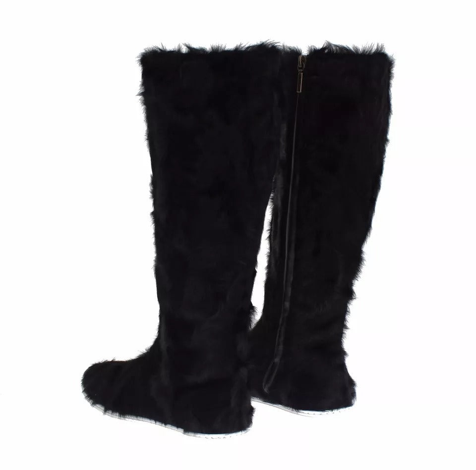Dolce & Gabbana Black Xiangao Lamb Fur Leather Flat Boots