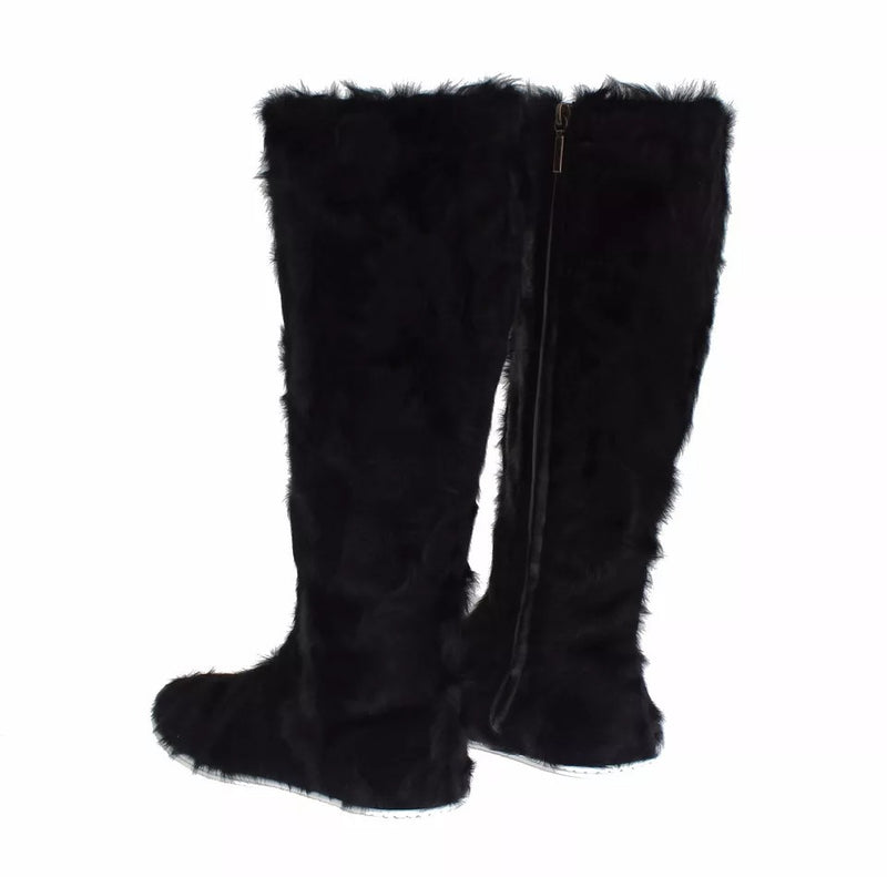 Dolce & Gabbana Black Xiangao Lamb Fur Leather Flat Boots