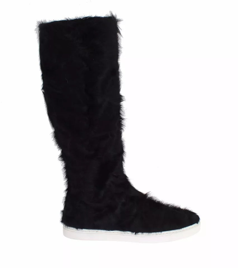 Dolce & Gabbana Black Xiangao Lamb Fur Leather Flat Boots
