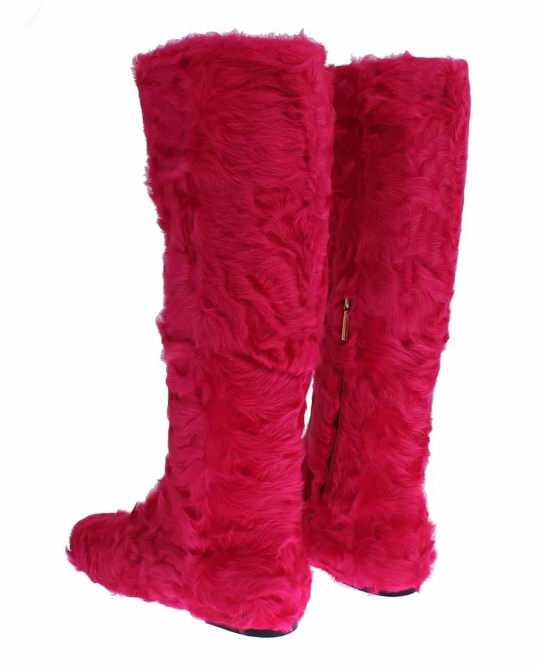 Dolce & Gabbana Pink Lambskin Fur Leather Flat Boots