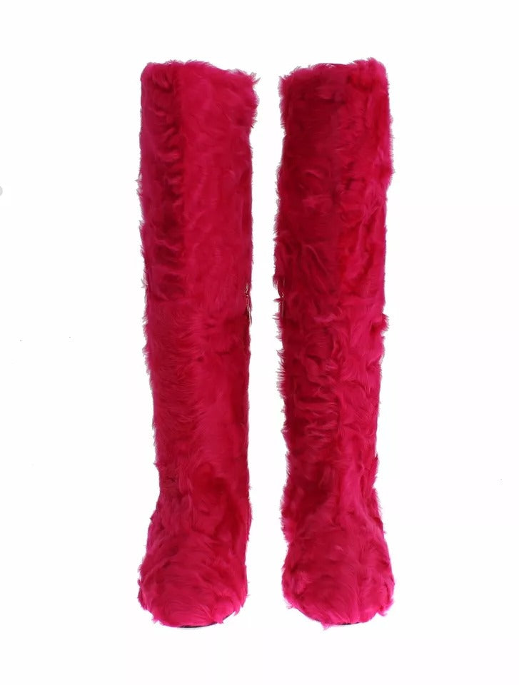 Dolce & Gabbana Pink Lambskin Fur Leather Flat Boots