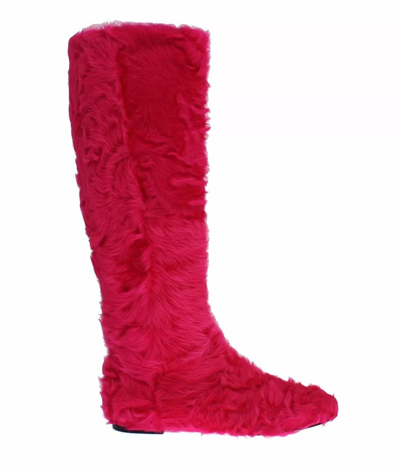 Dolce & Gabbana Pink Lambskin Fur Leather Flat Boots