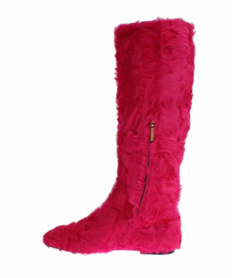 Dolce & Gabbana Pink Lambskin Fur Leather Flat Boots