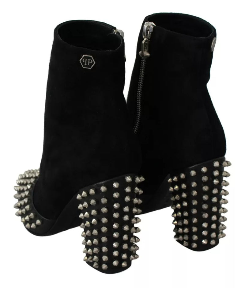 Philipp Plein Black Suede Studded Heels Ankle Boots