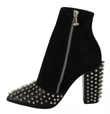 Philipp Plein Black Suede Studded Heels Ankle Boots Shoes