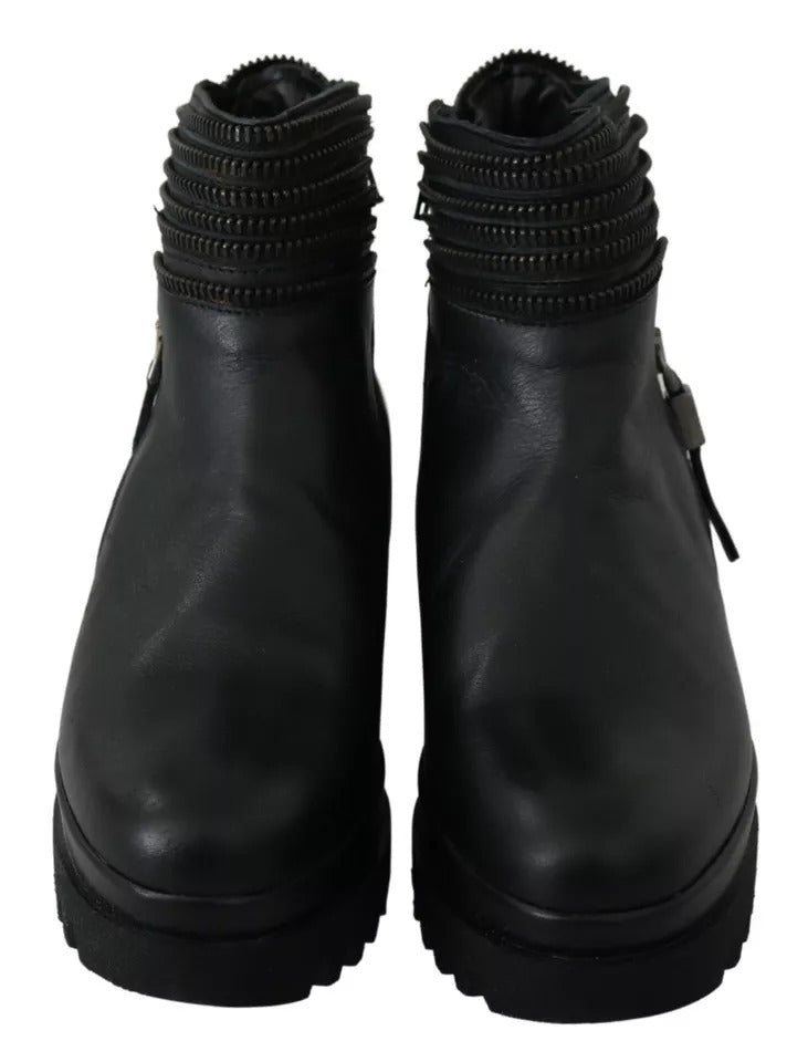 Ovyé Black Leather Zipper Ankle Boots for Women