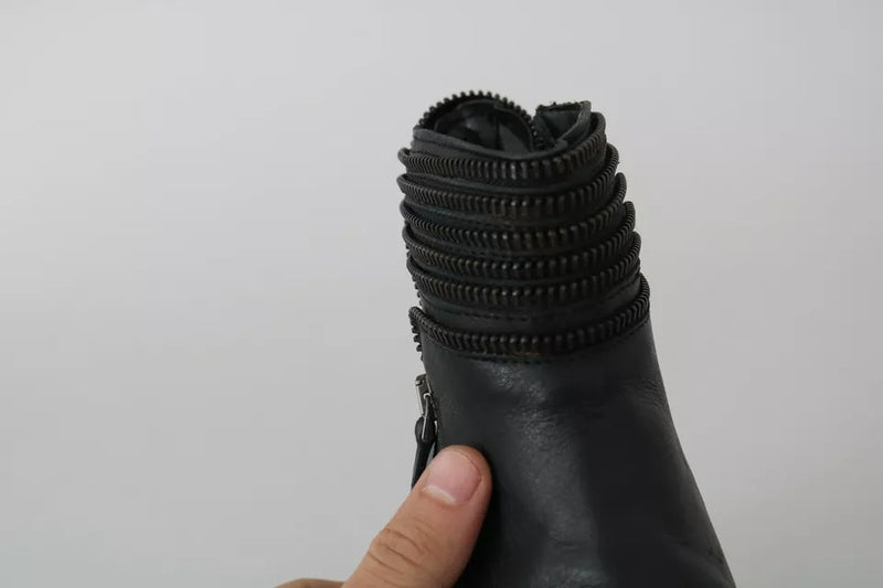Ovyé Black Leather Zipper Ankle Boots for Women
