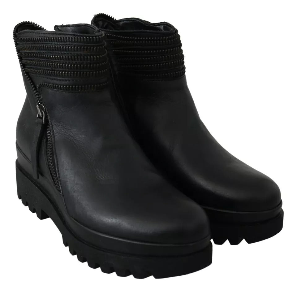 Ovyé Black Leather Zipper Ankle Boots for Women