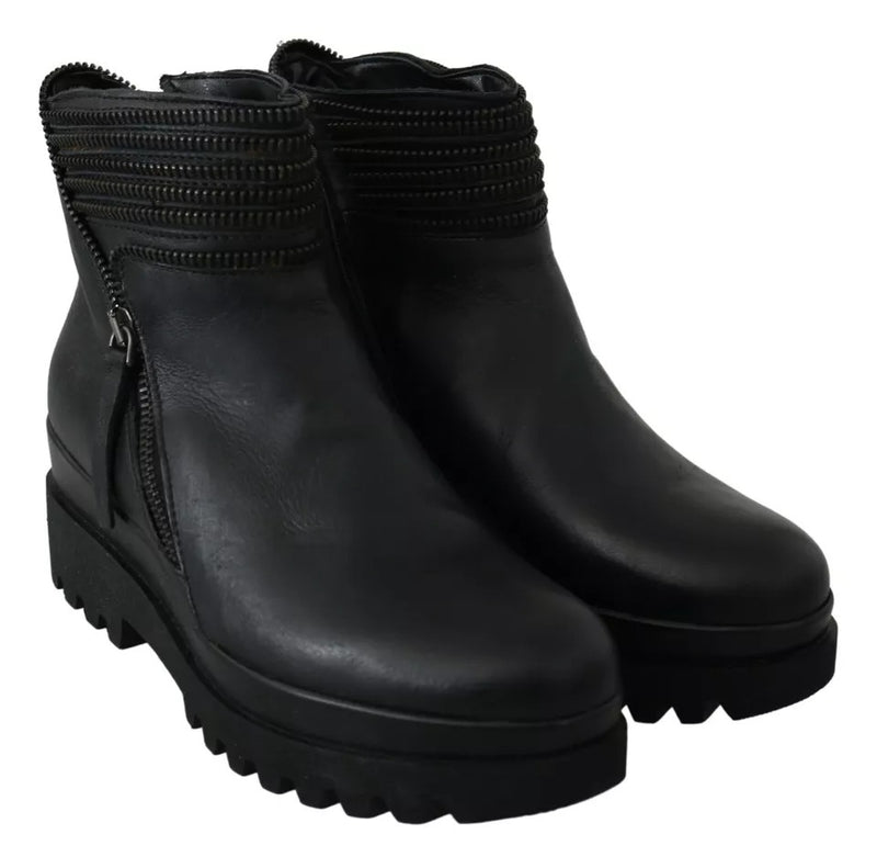 Ovyé Black Leather Zipper Ankle Boots for Women