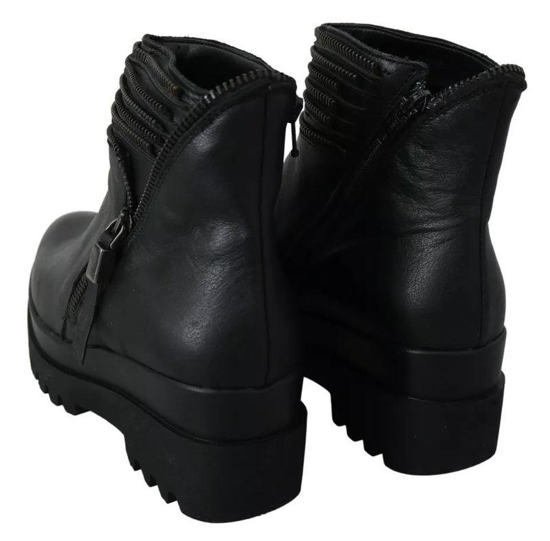 Ovyé Black Leather Zipper Ankle Boots for Women