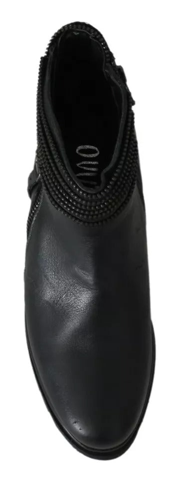 Ovyé Black Leather Zipper Ankle Boots for Women