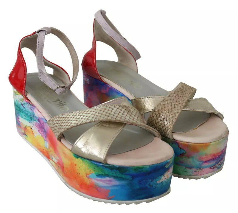 EBARRITO Multicolor Leather Ankle Strap Wedge Heel Sandals