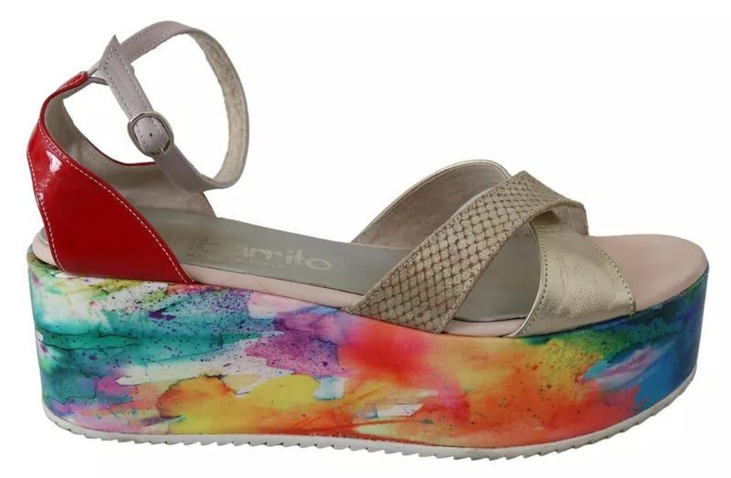 EBARRITO Multicolor Leather Ankle Strap Wedge Heel Sandals