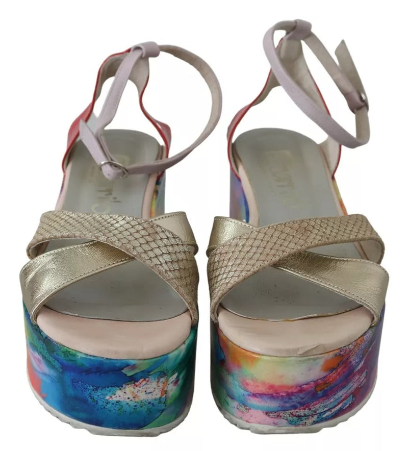 EBARRITO Multicolor Leather Ankle Strap Wedge Heel Sandals
