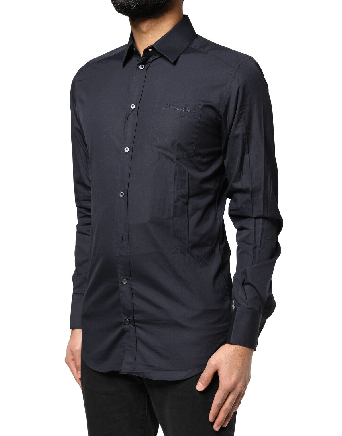 Chemise à manches longues en coton doré bleu foncé de Dolce &amp; Gabbana