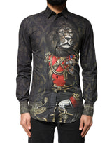 Chemise habillée dorée Dolce &amp; Gabbana avec portrait de chien royal noir.