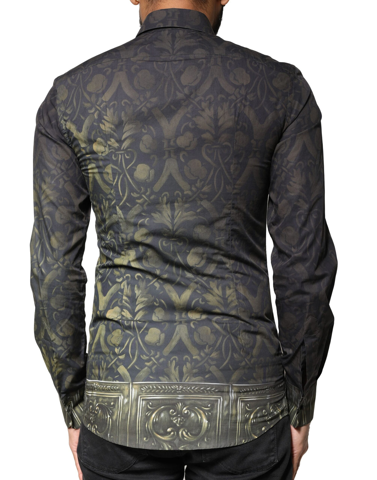 Chemise habillée dorée Dolce &amp; Gabbana avec portrait de chien royal noir.
