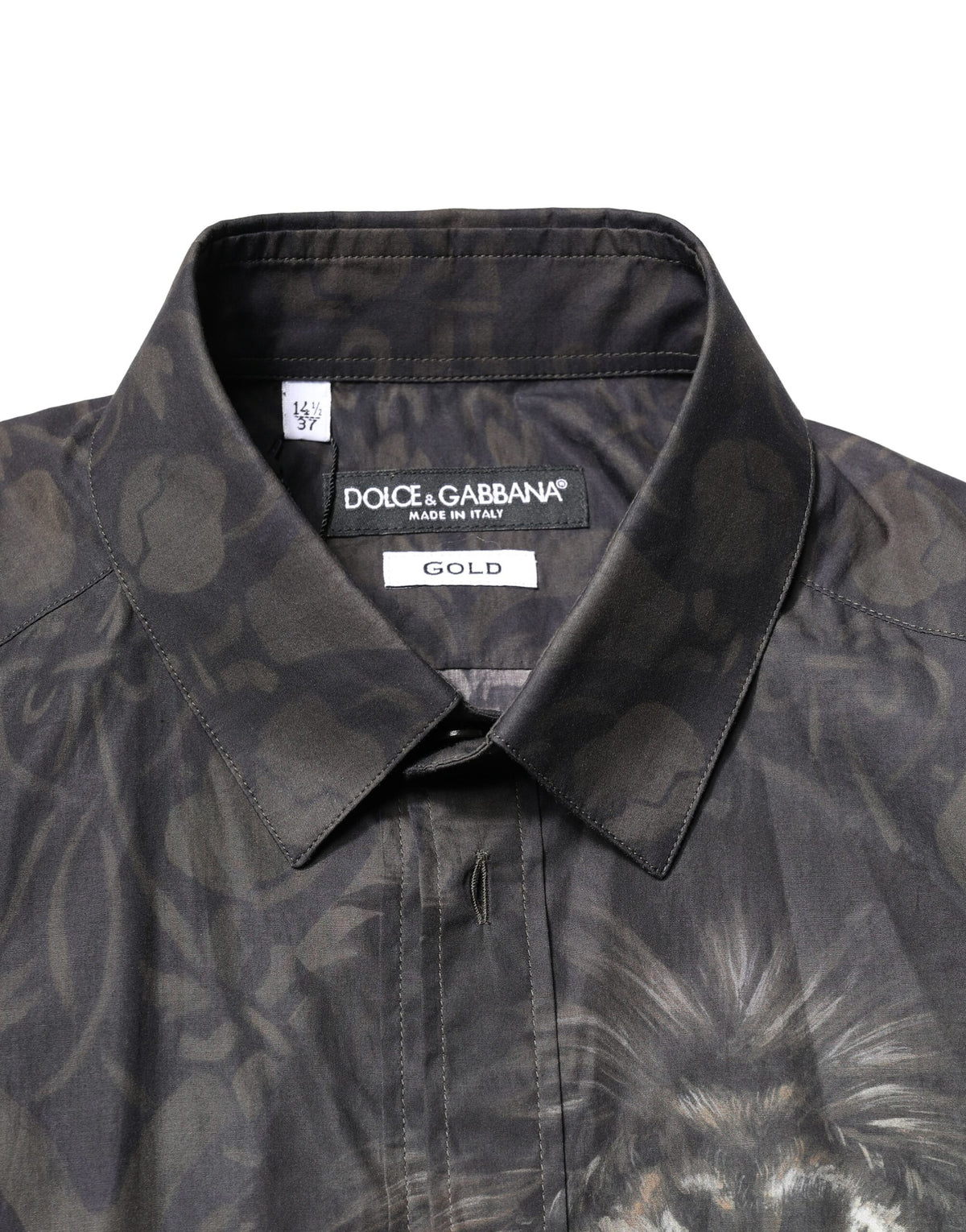 Chemise habillée dorée Dolce &amp; Gabbana avec portrait de chien royal noir.