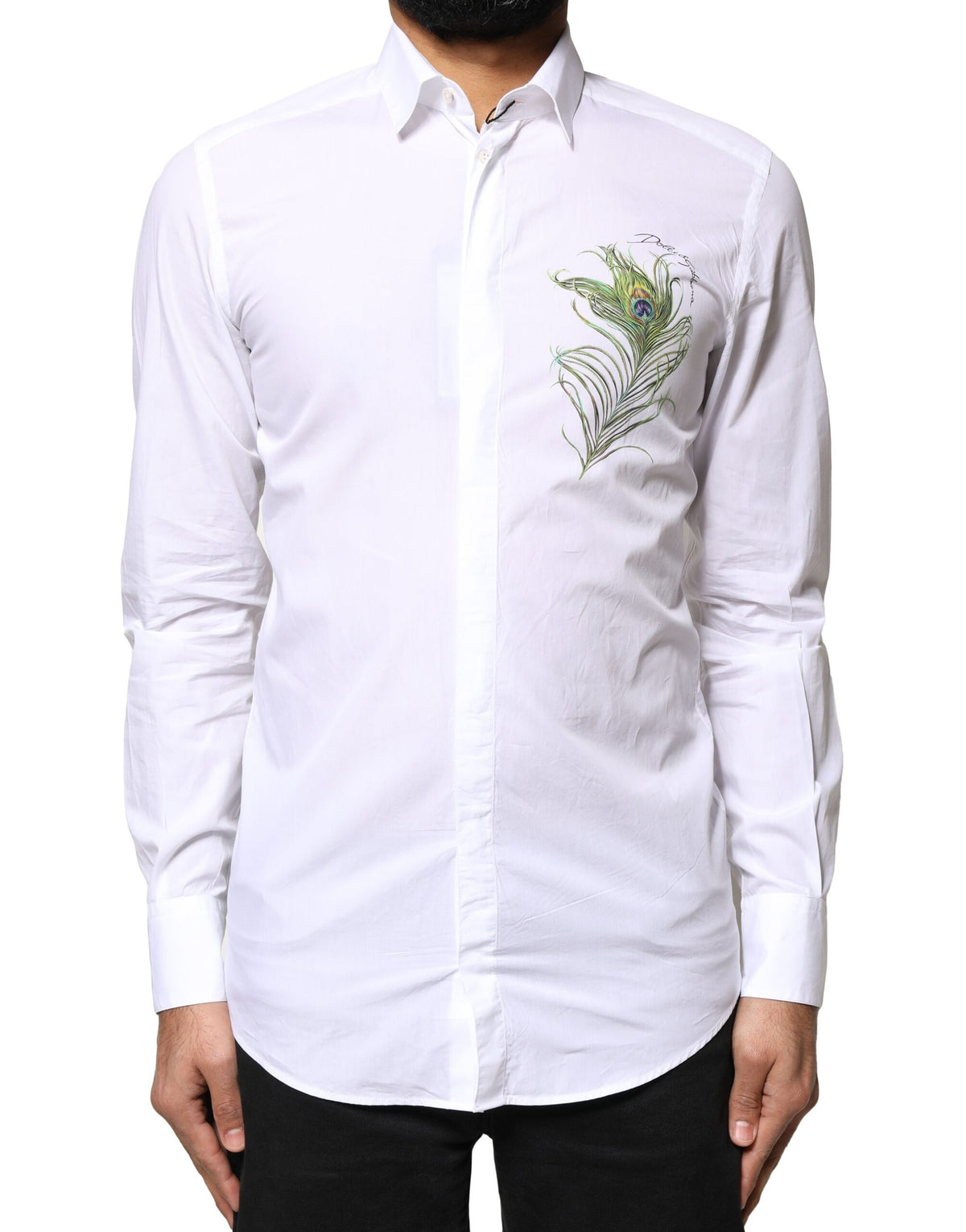 Chemise habillée en coton blanc à plumes de paon dorées Dolce &amp; Gabbana